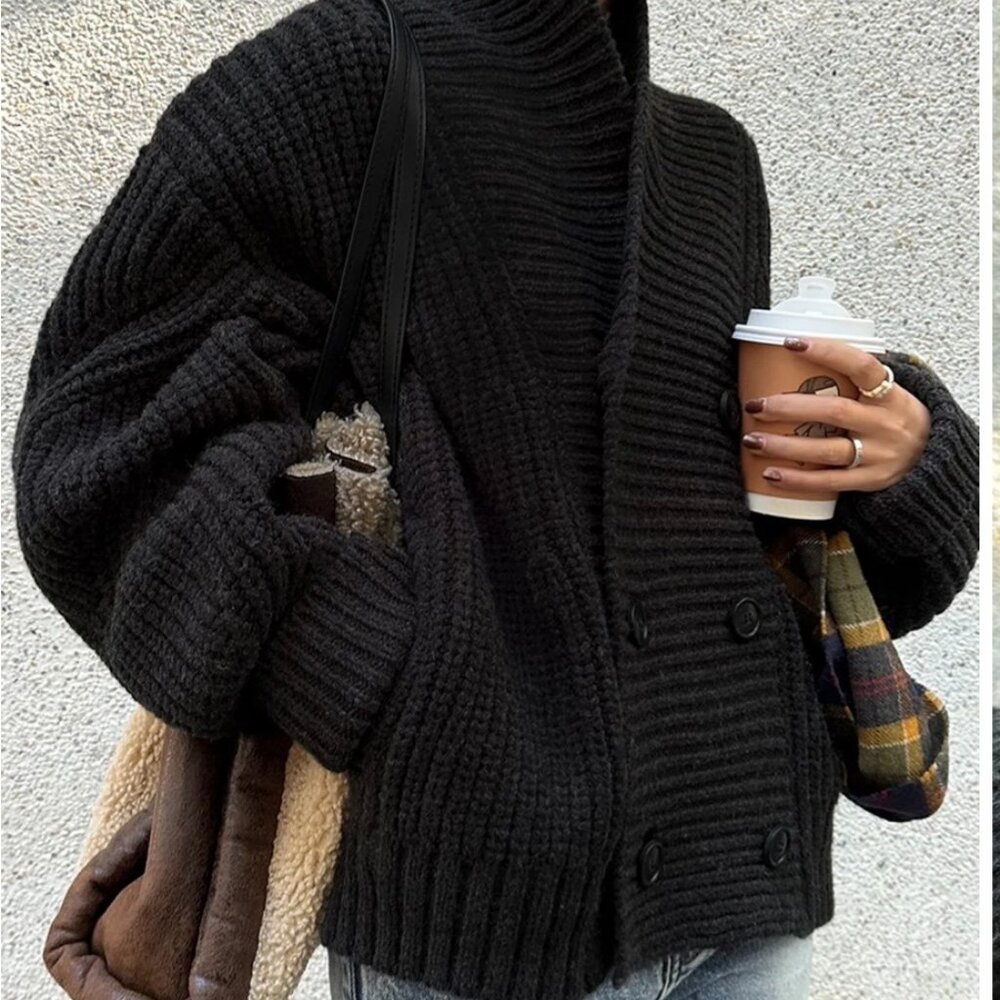 Ribbed Lapel Button Knit Outerwear, black, M size, New with tag.